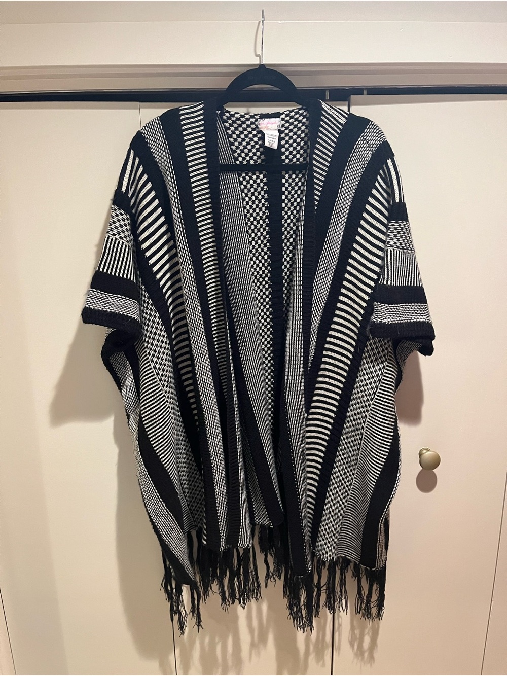 Free People Black & White Striped Fringe Poncho